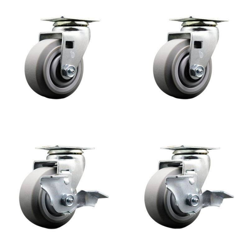 4 Inch Thermoplastic Rubber Swivel Caster Set with Roller Bearings 2 Brakes