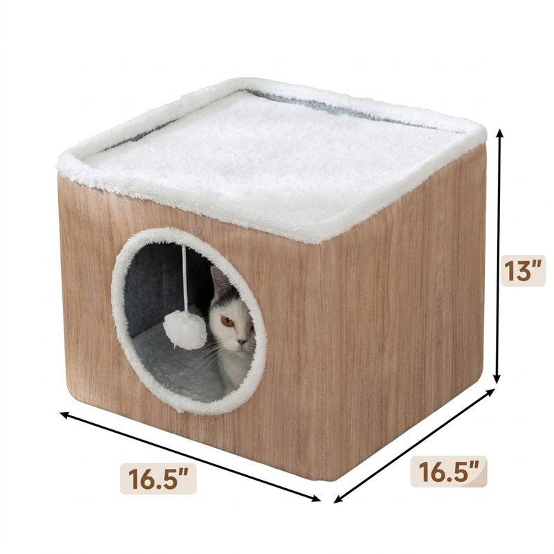 Cube pliable pour chat avec coussins réversibles et boule pelucheuse suspendue, grand lit pour chatons d'intérieur, motif grain de bois brun