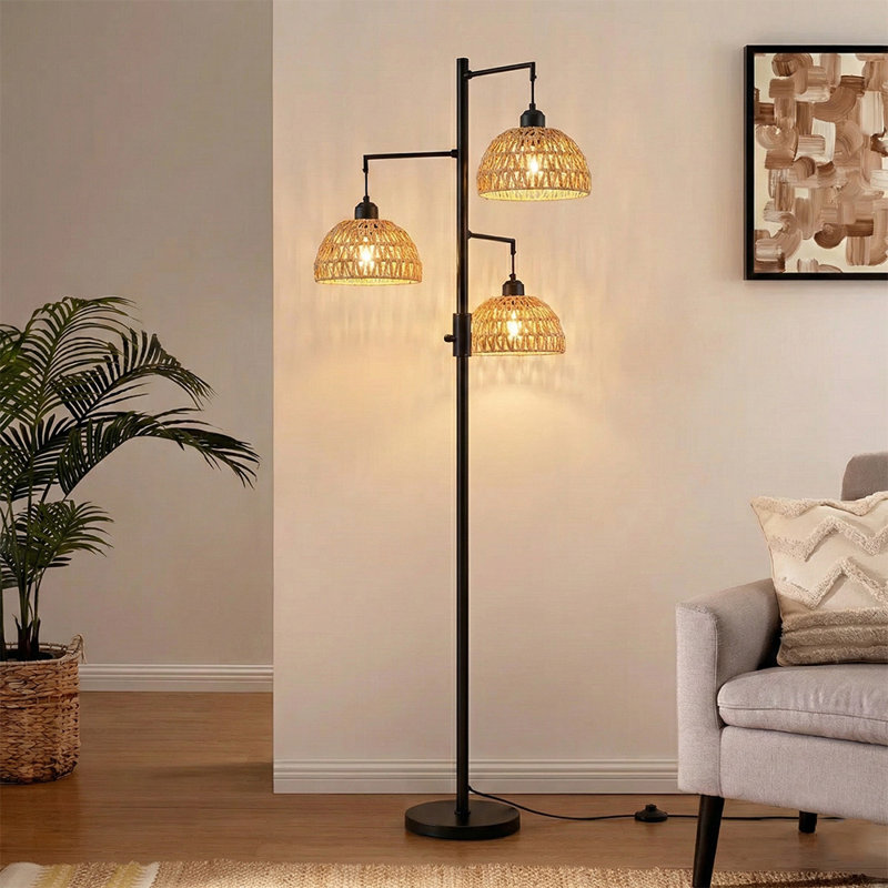 Lampe sur pied 70 po à intensité variable en rotin 3 lumières Boho