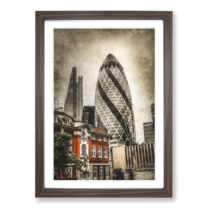 The Gherkin in London - Picture Frame Graphic Art, 36cm H x 27cm W x 2cm D, Walnut