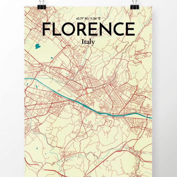 « florence city map », reproduction d’impression sur affiche en jaune, H 36 po x l 24 po