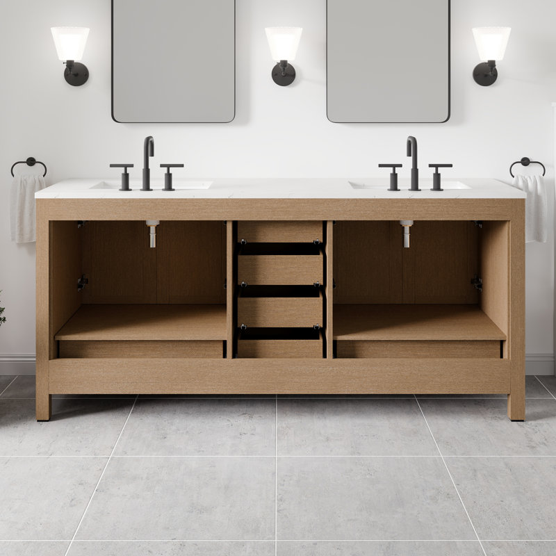 Meuble-lavabo double Aberdeen en chêne de 78 po avec comptoir en quartz de Carrare et lavabos encastrés en porcelaine, Oak