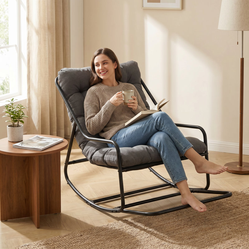 Chaise berçante d'intérieur / d'extérieur avec accoudoirs courbés, chaise berçante d'appoint à coussin épais pour le salon, la chambre à coucher, le balcon, le porche