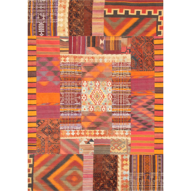 Tapis brun / rouge / orange en laine / coton à motif géométrique fait à la main 6 pi 5 po x 9 pi 5 po