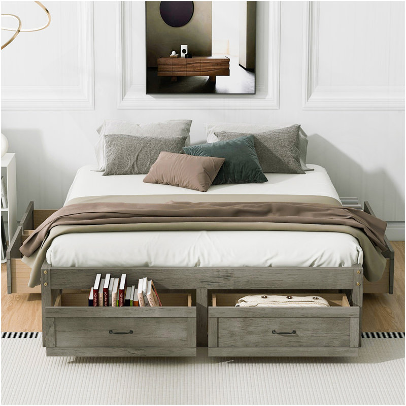 Grand lit plateforme avec 6 tiroirs de rangement, gris antique