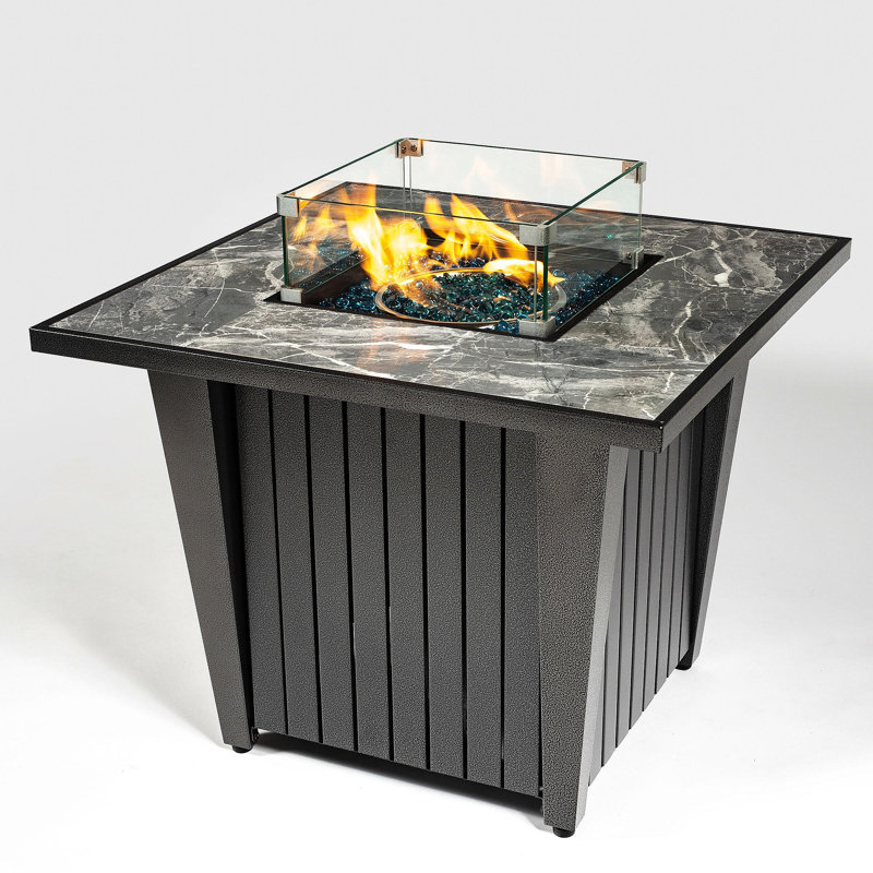 32" Propane Gas Fire Pit Table, 50000 BTU Square Steel Fire Pit With Glass Wind Guard For Outside Patio Deck Garden Courtyard -Gray