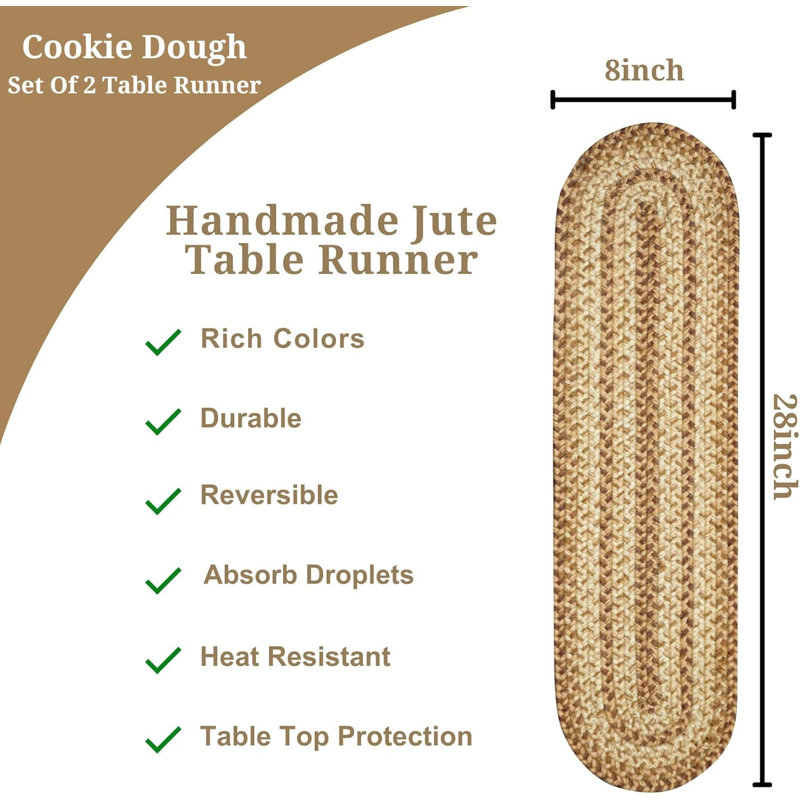 Chemin de table d'intérieur en jute de qualité supérieure - ensemble de 2, taille 8 po x 28 po, Pâte à biscuits