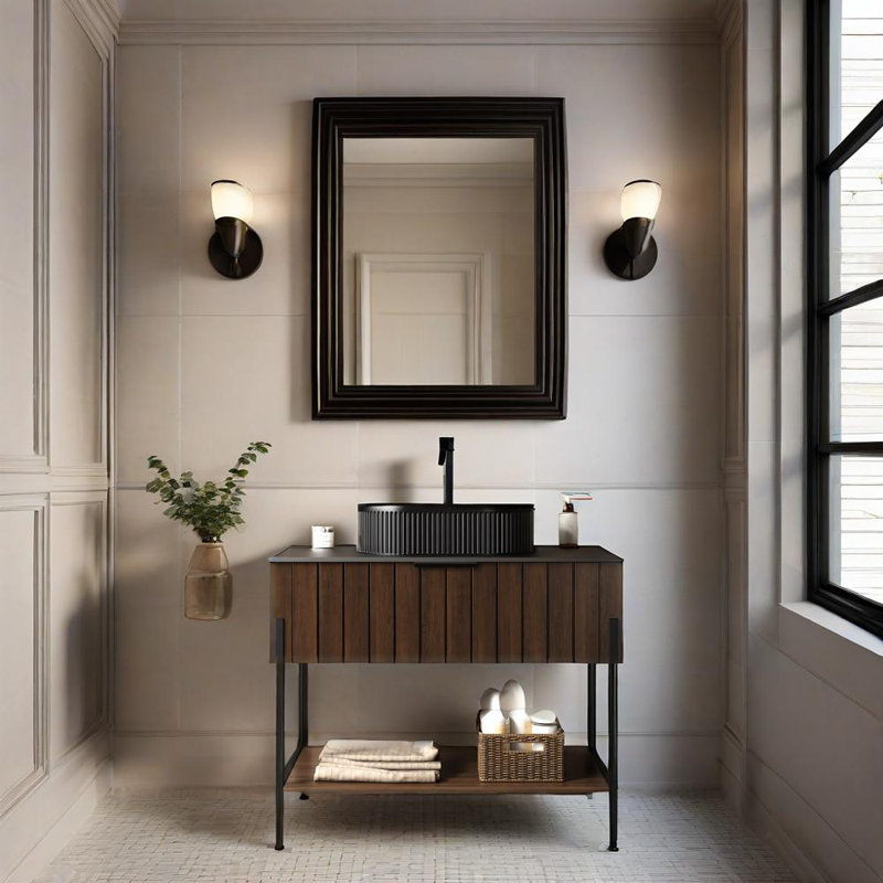 Meuble-lavabo sur pied 36 po avec lavabo, armoire de rangement rayée avec tiroir et structure de support en métal 36 po, tablette ouverte, vasque en céramique noire sans robinet, noyer foncé 