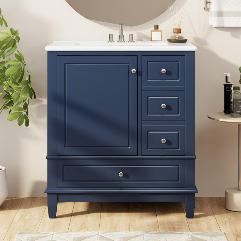 Meuble-lavabo autoportant de 30 po avec lavabo en céramique, Bleu / Argent