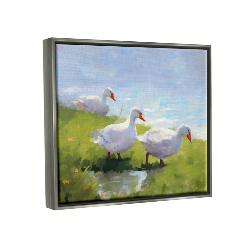«August Duck» Three Ducks, paysage encadré, art mural sur toile flottante par Ziwei Li, Cadre flottant gris lustré