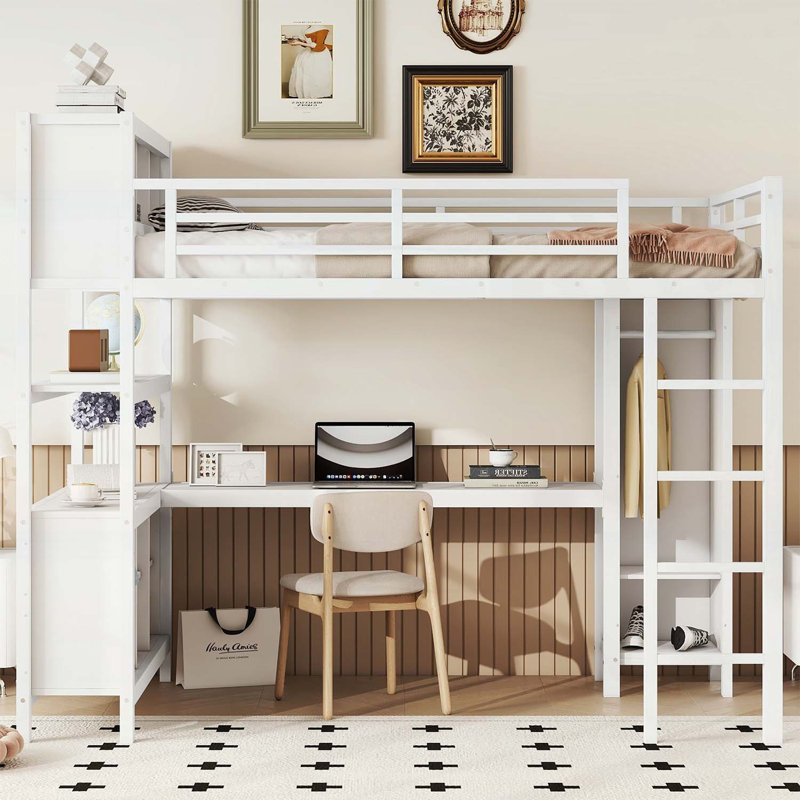 Lit mezzanine en métal pleine grandeur avec armoire, bureau en L et rangements, pour un gain d'espace et une utilisation multifonctionnelle