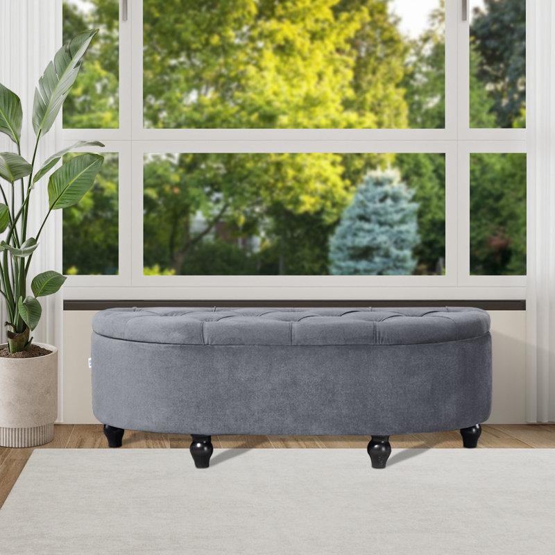 Velvet Upholstered Storage Bench, Dark Grey