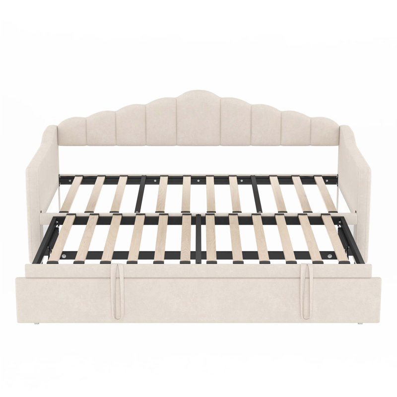 Upholstered Twin Size Daybed With Adjustable Height Pop Up Trundle Twin Bed And USB & Type-C Charging Port, Beige