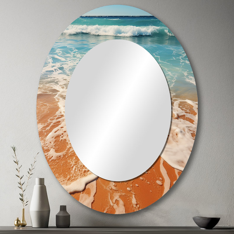 Tropical Beach, vue aérienne I - grand miroir mural ovale sur métal, 43 po x 33 po