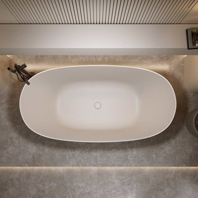 Baignoire de trempage autoportante en résine solide avec trop-plein et bonde escamotable, Beige
