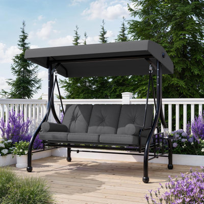 3 Seat Outdoor Porch Swing with Adjustable Canopy, Heavy Duty Patio Swing Chair with Stand, Swing with Cup Holder Trays, Cushions and Pillows for Garden Patio