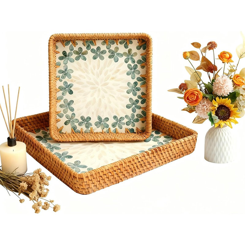 Rattan Serving Tray With Mother Of Pearl Inlay, Decorative Wicker Tray For Coffee, Bread, Fruits, And Table Decor