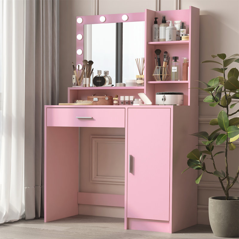 Bureau de coiffeuse avec miroir et lumière, Rose pastel