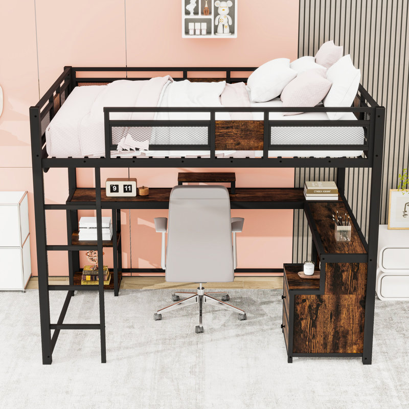 Queen Two Drawers Metal Loft Bed With Desk And Ladder