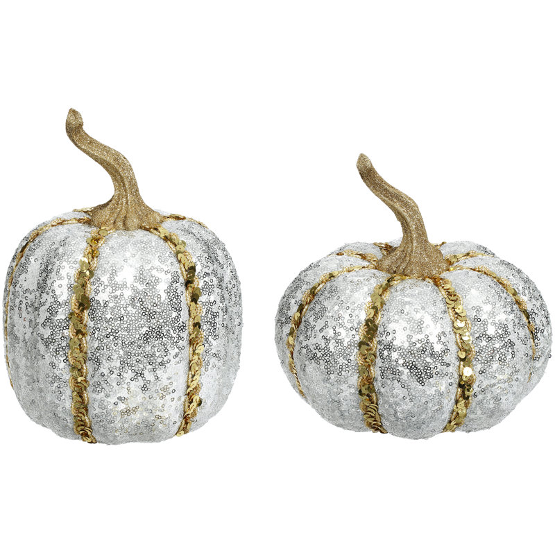 2 Piece 9" H Sequined Halloween Pumpkin Set, Silver