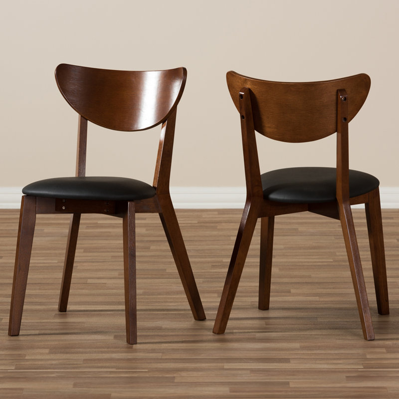 Set of 2 Black Faux Leather Walnut Dining Chairs