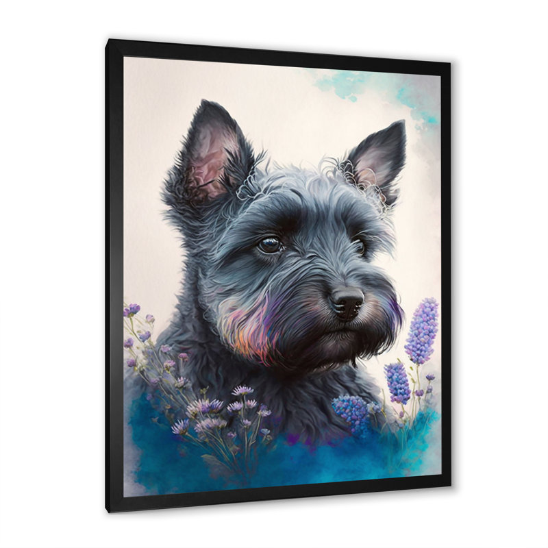 «Cute Schnauzer Floral», impression sur toile, Cadre photo noir, H 40 po x l 30 po x P 1,5 po