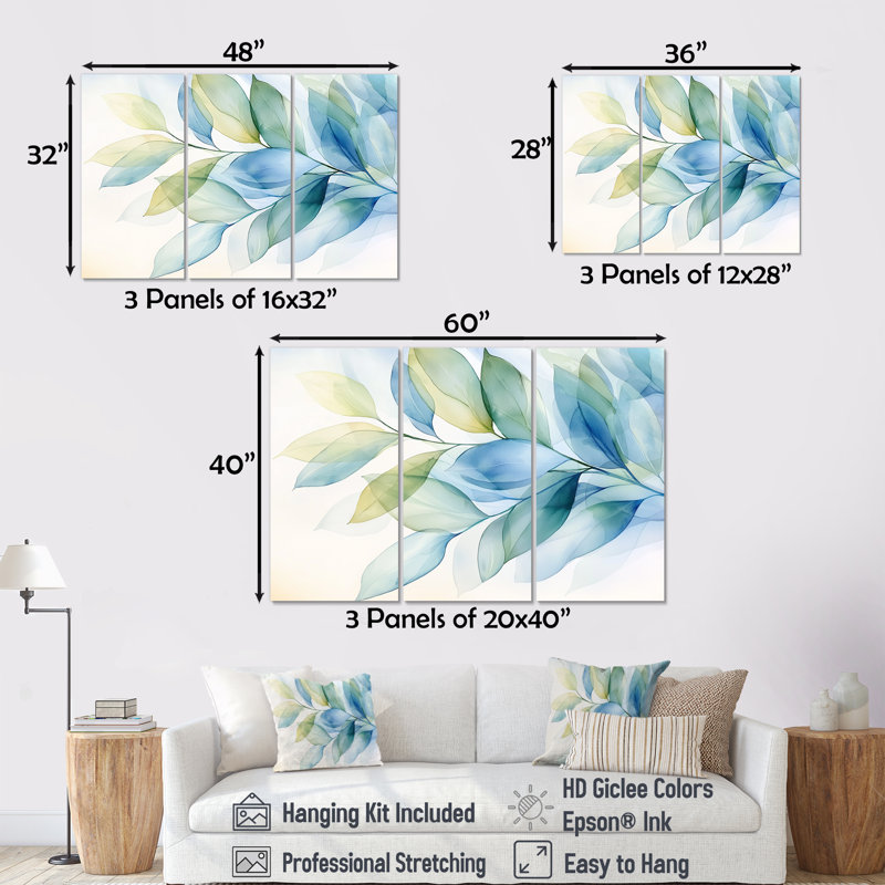 Minimalist Green Botanical Plants II - Leaves Wall Art Print Set, 40" H x 60" W, Wrapped Canvas, Does Not Apply