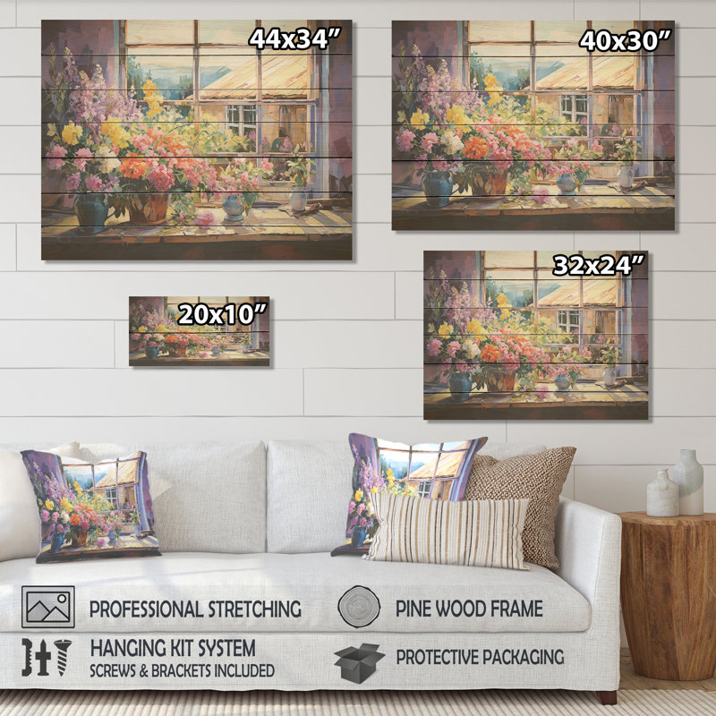 Vue de fenêtre de ranch mauve floral - fenêtres de ferme sur impression de bois, H 34 po x l 44 po x P 0,78 po