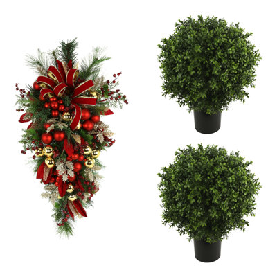 Holiday Door Swag and Two UV Rated Boxwood Drop-Ins