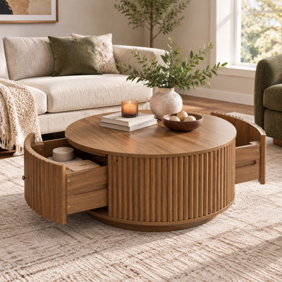Table basse cylindrique ronde avec 2 tiroirs de rangement cachés