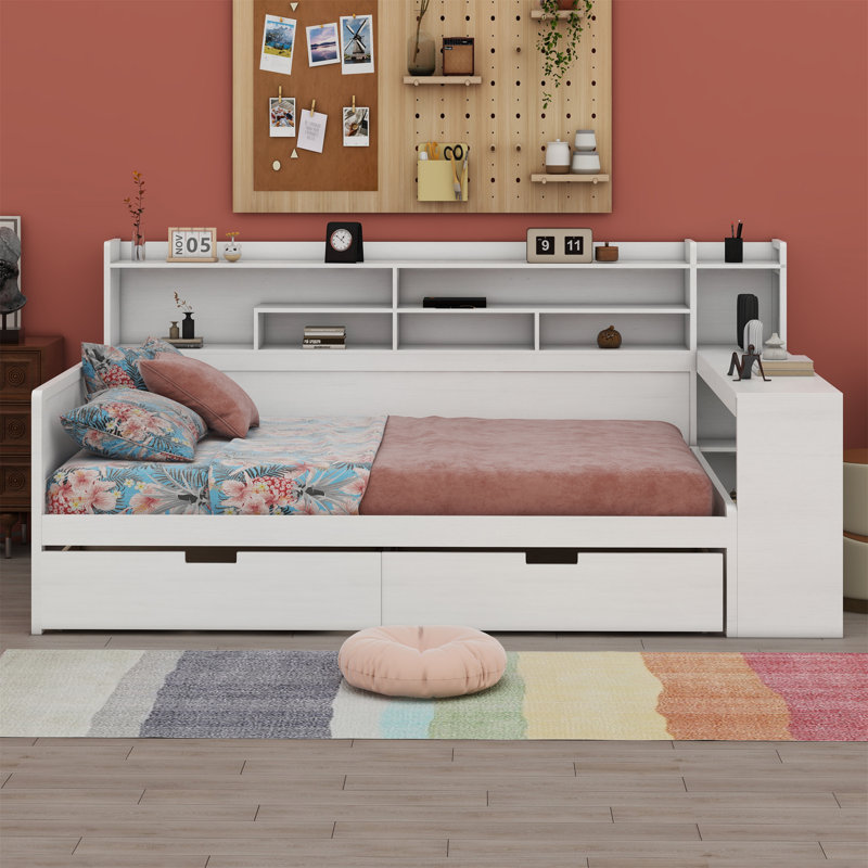 Daybed With Storage Shelves, Multi-Functional Bed With Two Storage Drawers And Study Desk, Antique White