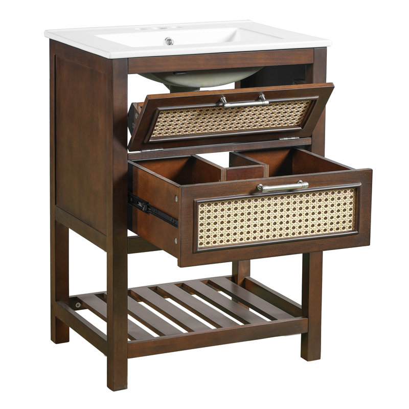 Meuble-lavabo de 24 po avec lavabo intégré en céramique, meuble-lavabo à 1 tiroir profond, 1 tiroir rabattable et meuble-lavabo simple pour petite et moyenne salle de bain