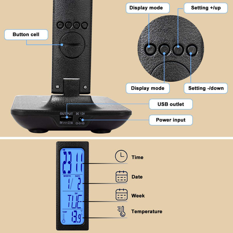 LED Desk Lamp, Desk Lamp With Wireless Charger, Office Dimmable Desk Lamp, With USB Charging Port, Built-In Clock, Calendar, Thermometer And Automatic Timing Reading Desk Lamp