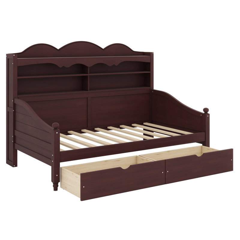 Lit de jour en bois classique avec tiroirs de rangement et tablettes décoratives pour tête de lit, Espresso
