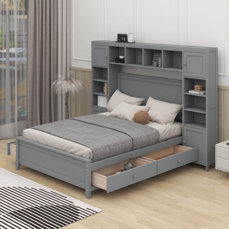 Lit avec armoire et tablette tout-en-un, Gris