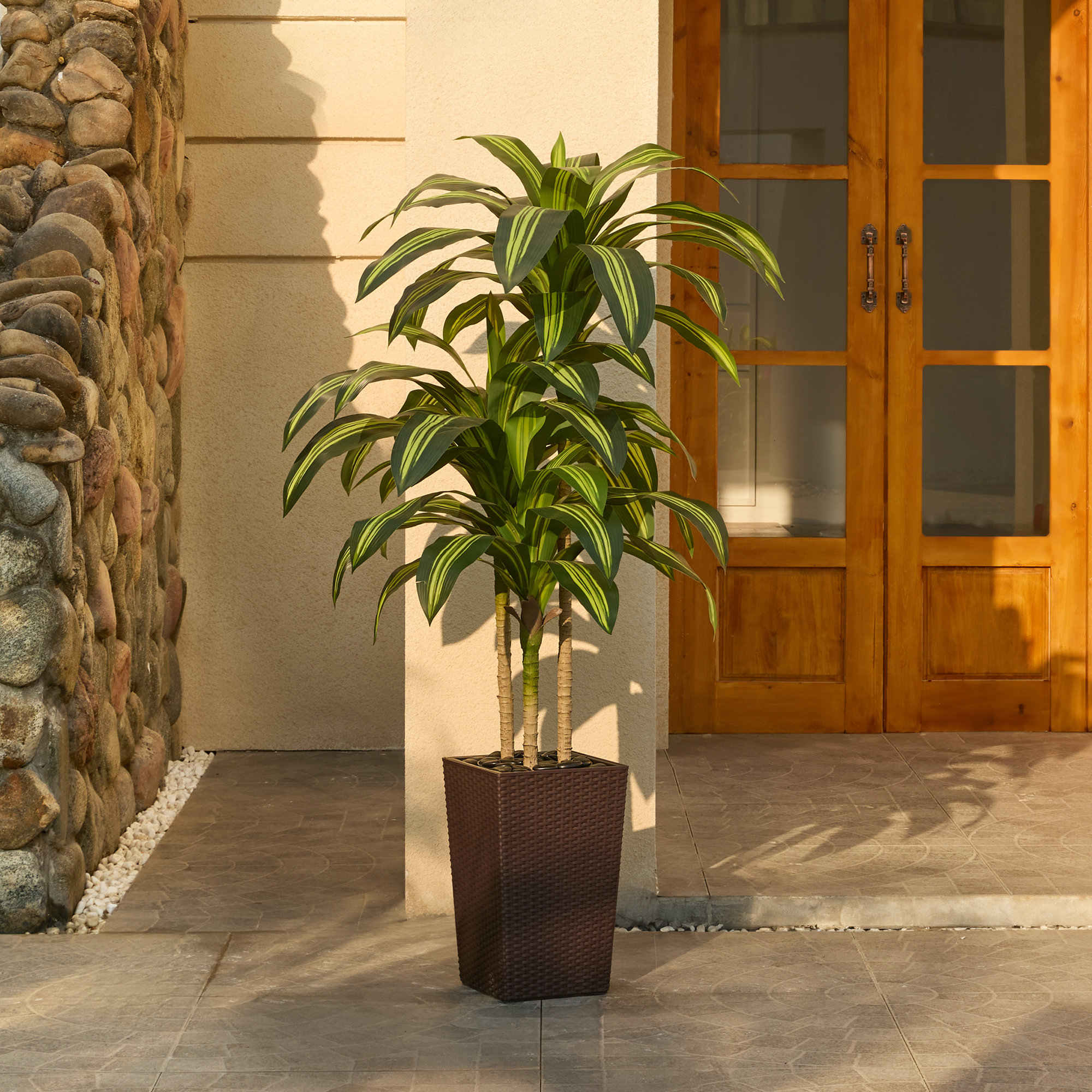 Almina UV Resistant Artificial Yellow Dracaena Tree, Faux Tree with Large Base for Indoor Outdoor, Brown