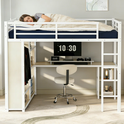 Grand lit mezzanine en métal avec garde-robe et bureau intégrés, grain de bois blanc