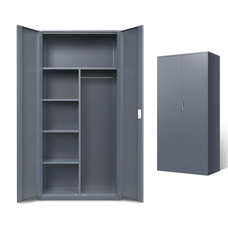 72" Lockable Heavy Duty Metal Storage Cabinet W/ Hanging Rod&Shelves, Gray