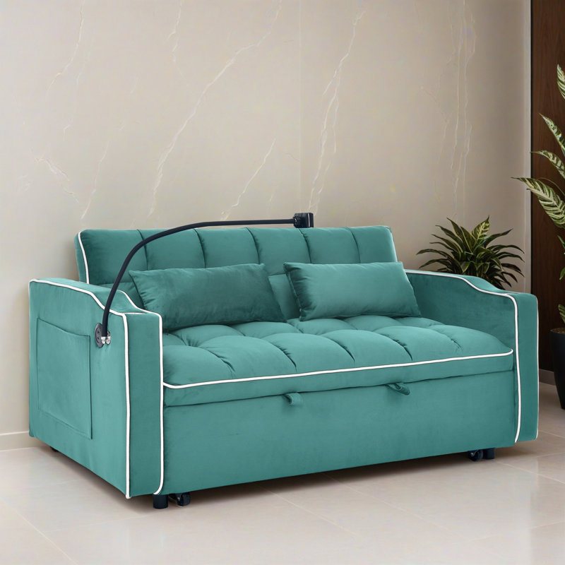 Canapé-lit 55,52 po à accoudoirs carrés et dossier capitonné avec coussins, Bleu vert antique