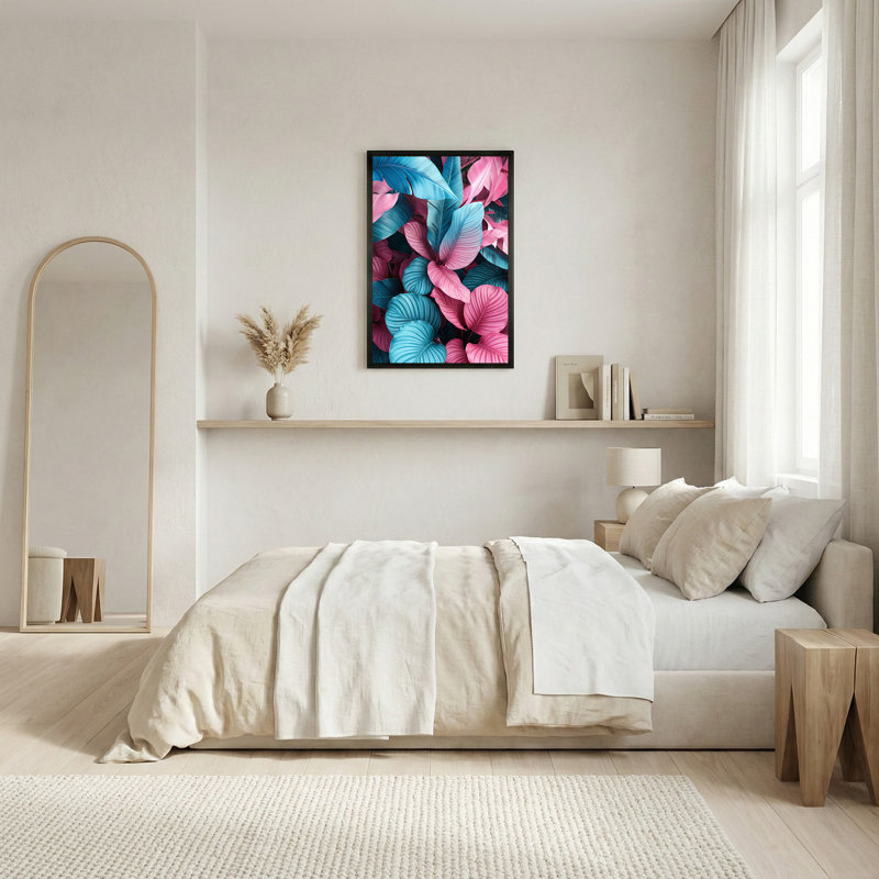 «Rose and Blue Tropical Leaves», art mural sur toile, H 30 po x l 20 po
