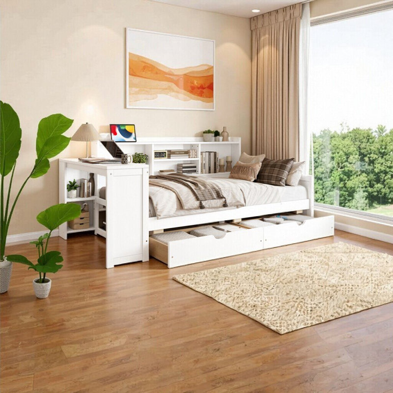 Lit de jour de coin simple blanc élégant avec tiroirs de rangement, bureau et port de charge - Mobilier de chambre à coucher peu encombrant