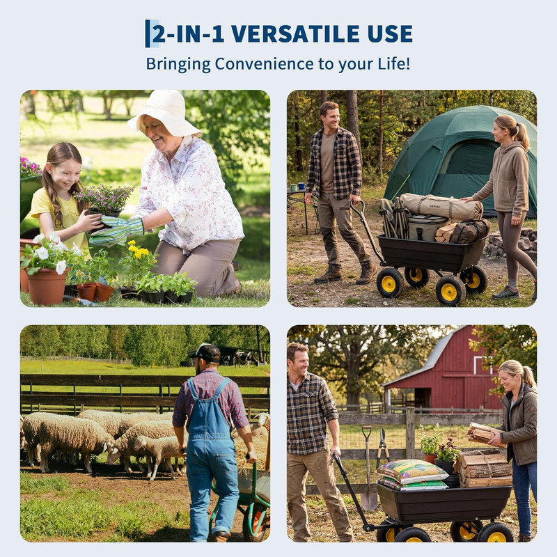 Chariot de jardinage en poly 600 lb - pneus tout-terrain de 10 po, vidage rapide, fixation pour VTT, chariot de jardin robuste