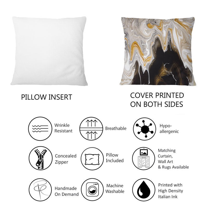 Coussin décoratif noir et blanc à motif de vagues liquides I - Modern Printed 1