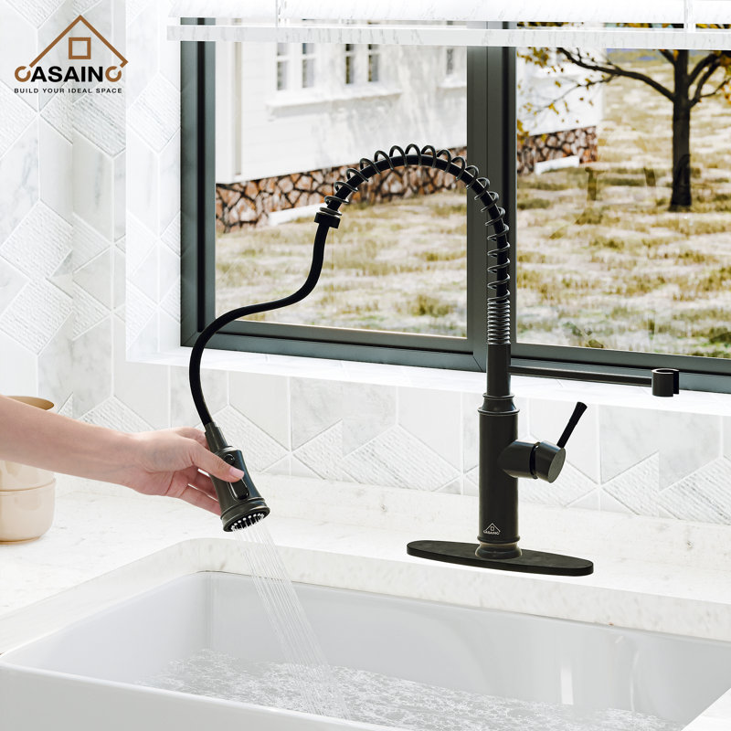 Robinet de cuisine rétractable avec fonction d'induction infrarouge et plaque de pont, Noir mat