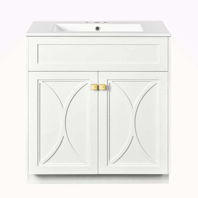 Meuble-lavabo 30 po avec lavabo en céramique, armoire de rangement autoportante moderne avec poignées dorées, portes à fermeture douce