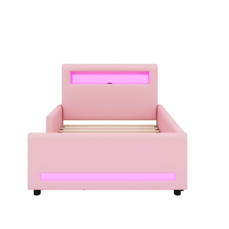 Lit plateforme tapissier avec tiroir, bande lumineuse à DEL et port USB, lit de rangement en tissu PU, Lit simple, Rose