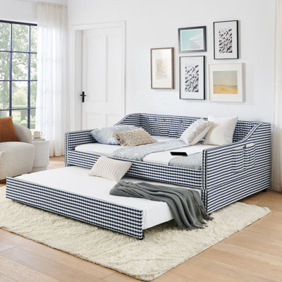 Daybed,Upholstered Convertible Daybed With Tufted Button Backrest, 3‑In‑1 Versatile Sofa Bed With Pull‑Out Trundle & Side Storage