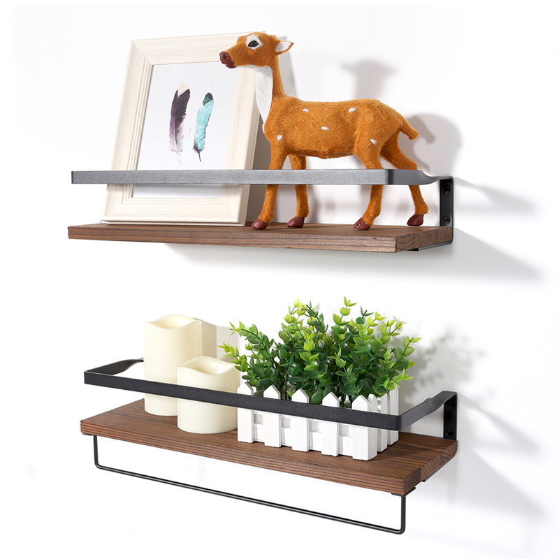 Peyton-Leigh 2 Piece Floating Shelf with Towel Bar, Black, Light Brown