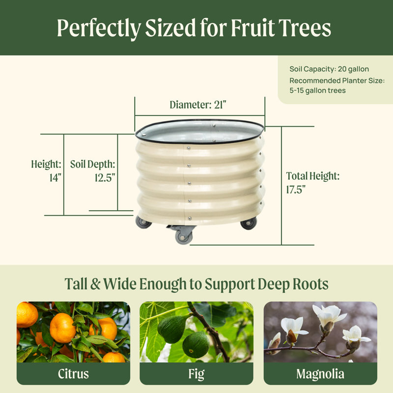 17.5" Tall 21" Wide Round Metal Outdoor Rolling Tree Planter, Modern Gray, 1