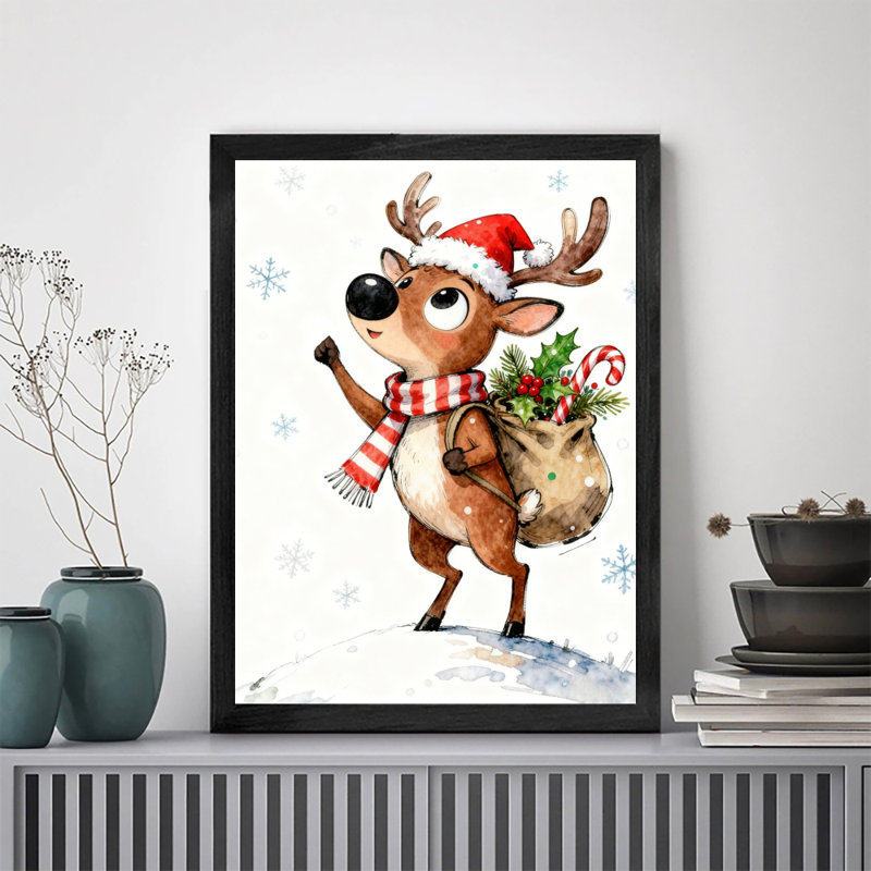 Noir rétro encadré noir de Noël, aquarelle drôle de cerf, impressions encadrées de style rétro, H 37 po x l 25 po